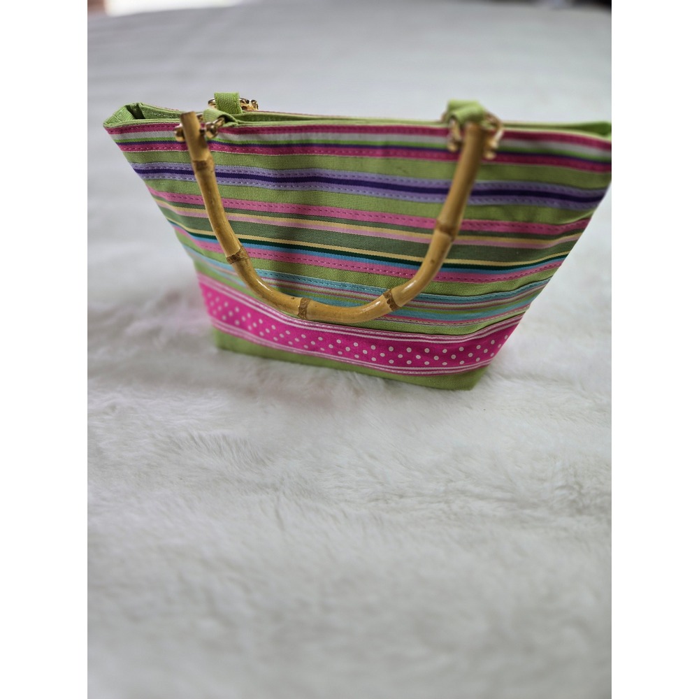 Striped Canvas Tote Bag with Bamboo Handles Pink Green Polka Dot Summer Satchel